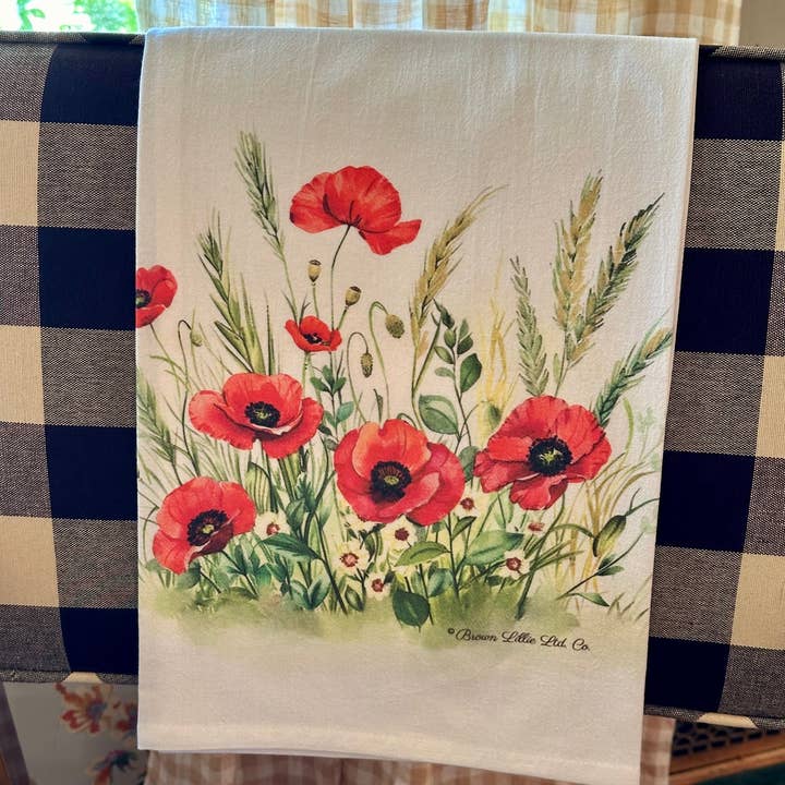 Brown Lillie - Wholesale Tea Towel - Red Poppy Flowers 28" Best Tea Towel | 100% Ringspun Cotton