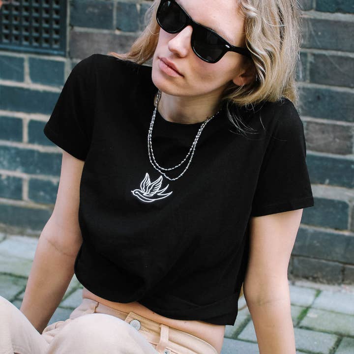 Swallow Embroidered Knot Crop T-Shirt for wholesale by Broken Society