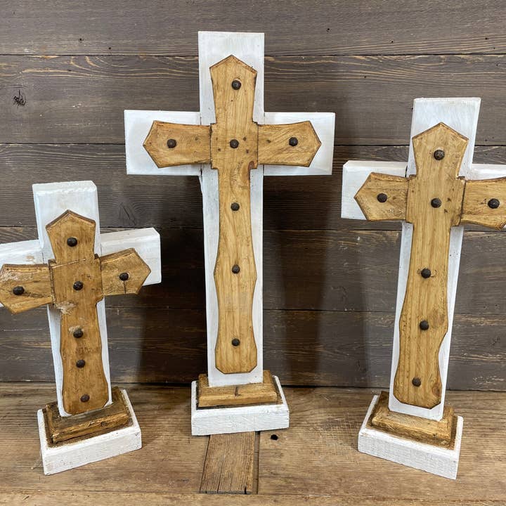 Baja Wood Pedestal Cross Set-Clavos-SR--Farmhouse-Set of 3 for wholesale by My Amigos Imports