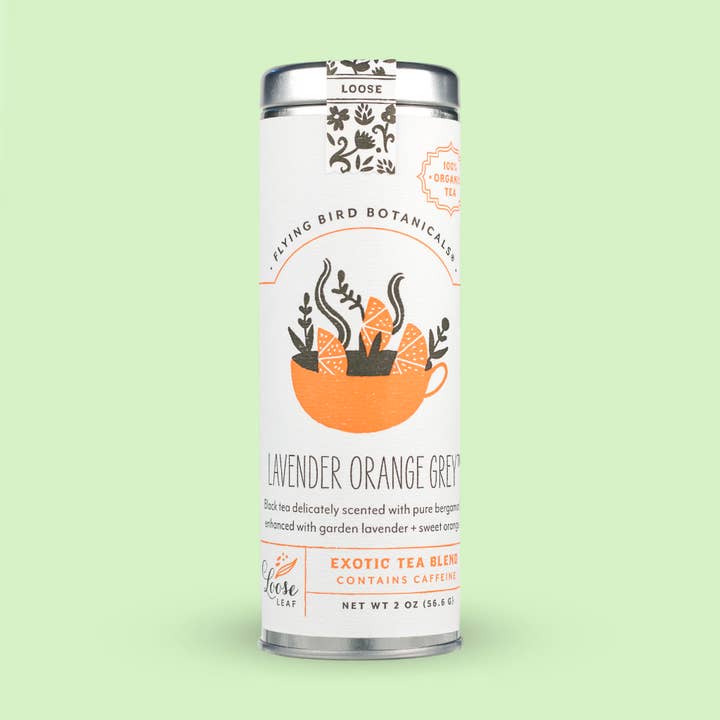 Boîte à feuilles en vrac gris lavande orange pour la vente par Flying Bird Botanicals