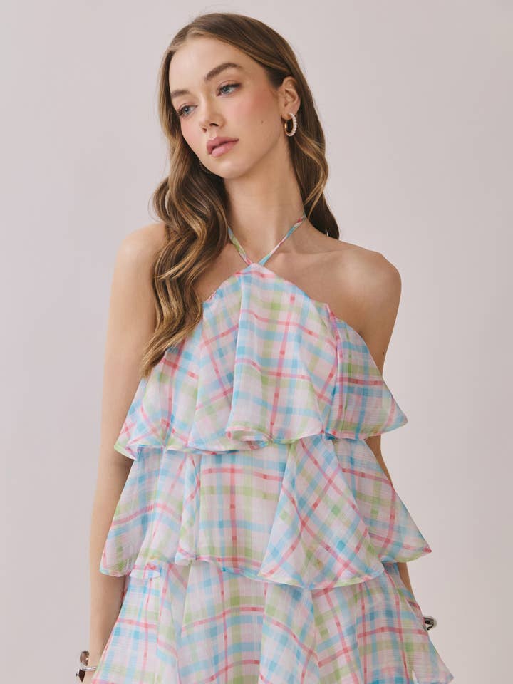 CD06799-Robe à volants à étages en tartan pastel avec détail dos nu pour la vente par TCEC