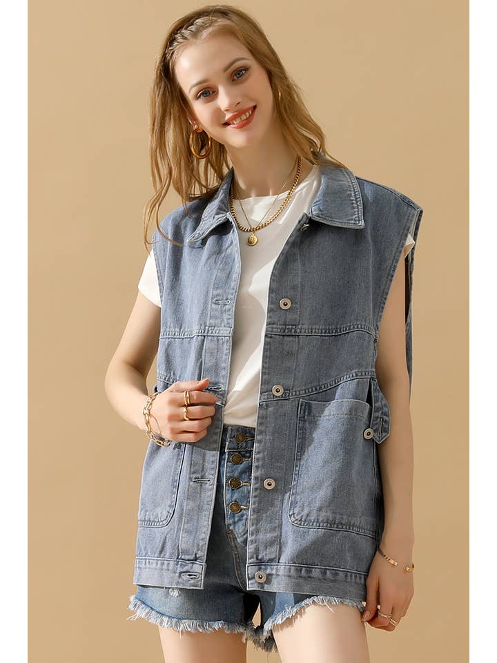 NINEXIS - Wholesale Outerwear Vest - Women's - CWJV0008-B_VINTAGE BUCKELE POCKET COLLAR DENIM VEST