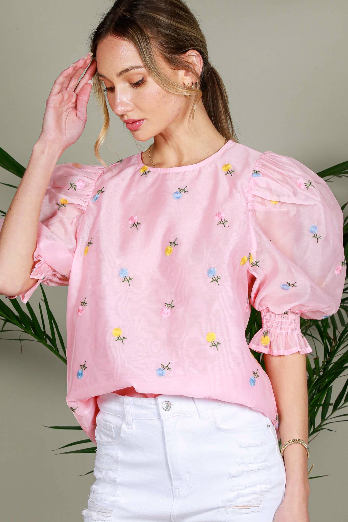 Vine & Love - Wholesale Blouse - Women's - Floral Embroidered Round Neck Organza Blouse Top VT82255-4