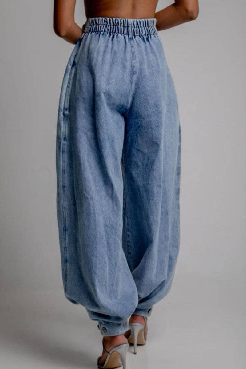 BLEU Pantalon en jean taille haute et jambes larges en vente sur Faire2