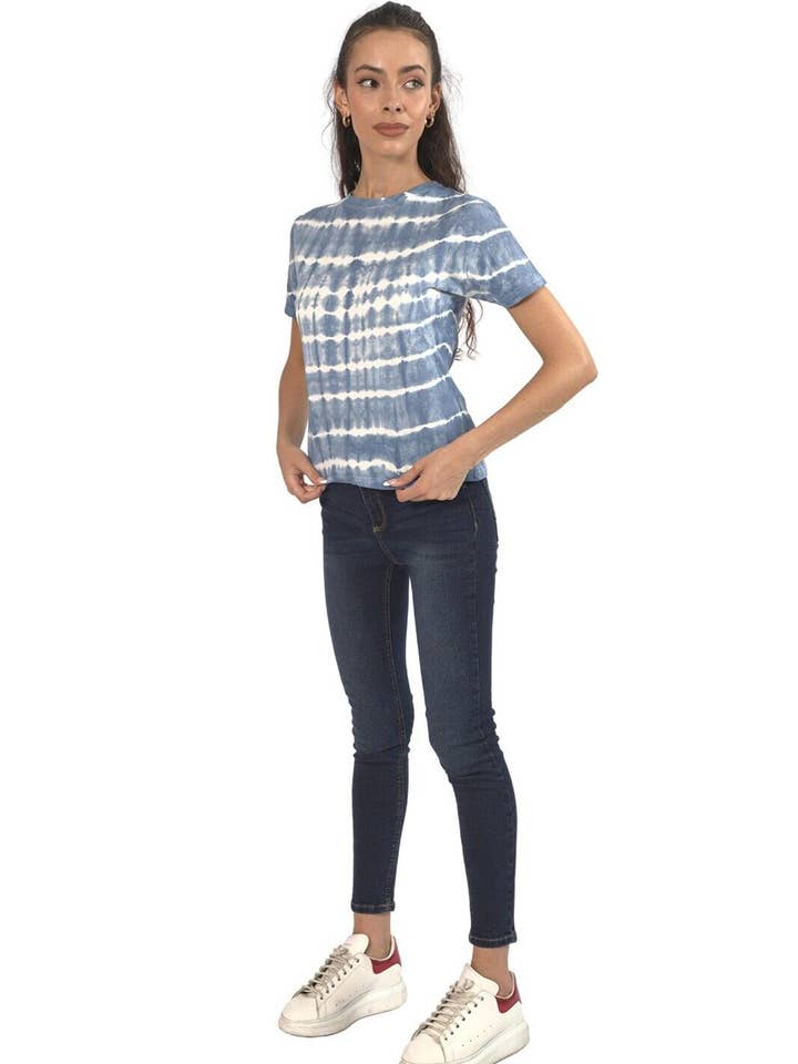 Womens T-Shirt Tie Dye Top Short Sleeve Casual Wear - Navy for wholesale on Faire