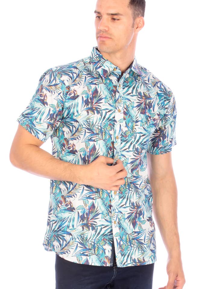 Bedrucktes, gewebtes Hawaii-Blumen-Kurzarmhemd aus Baumwolle für Herren für den Großhandel von Hawk's Bay