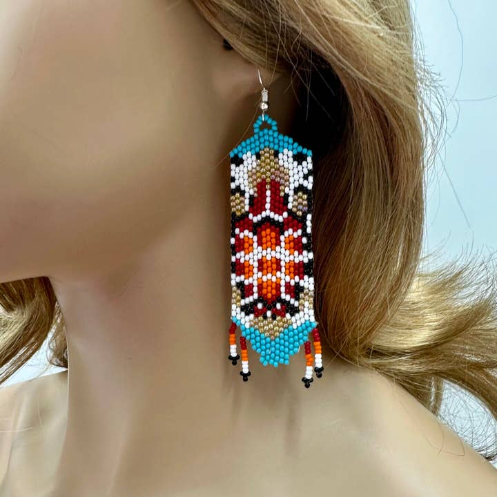 BEADS CORNER - Wholesale Dangle Earrings - Handmade Beaded Seed Bead Turtle Pattern Earrings in Red Cyan Blue, Lightweight2