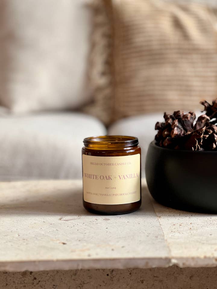 White Oak + Vanilla 8oz Soy Wood Wick Candle for wholesale by Hello October Candle Co.
