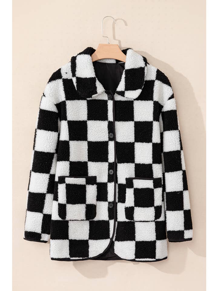 Black Checkered Collared Buttoned Fleece Jacket for wholesale on Faire