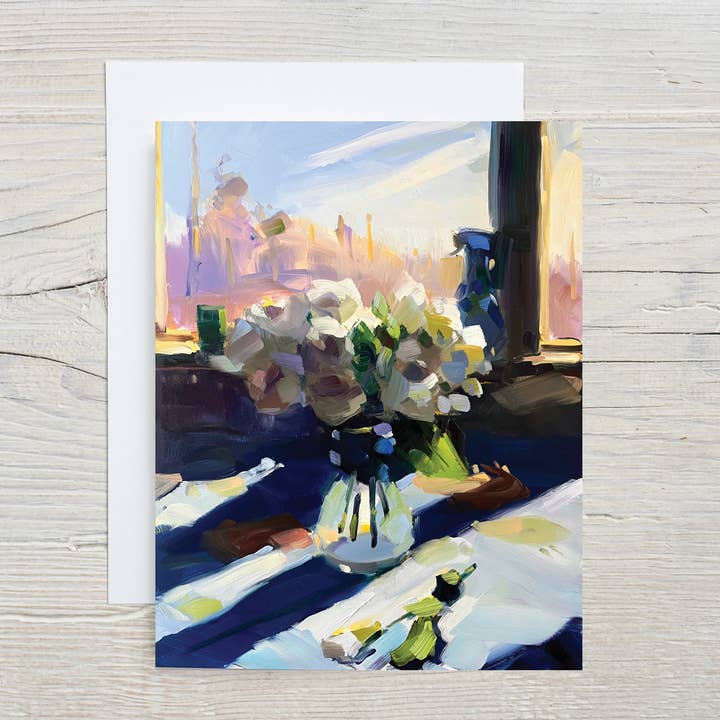 F129, White Roses Winter Window, A2 notecard with Envelope for wholesale by Amy Brnger Art and Paperworks