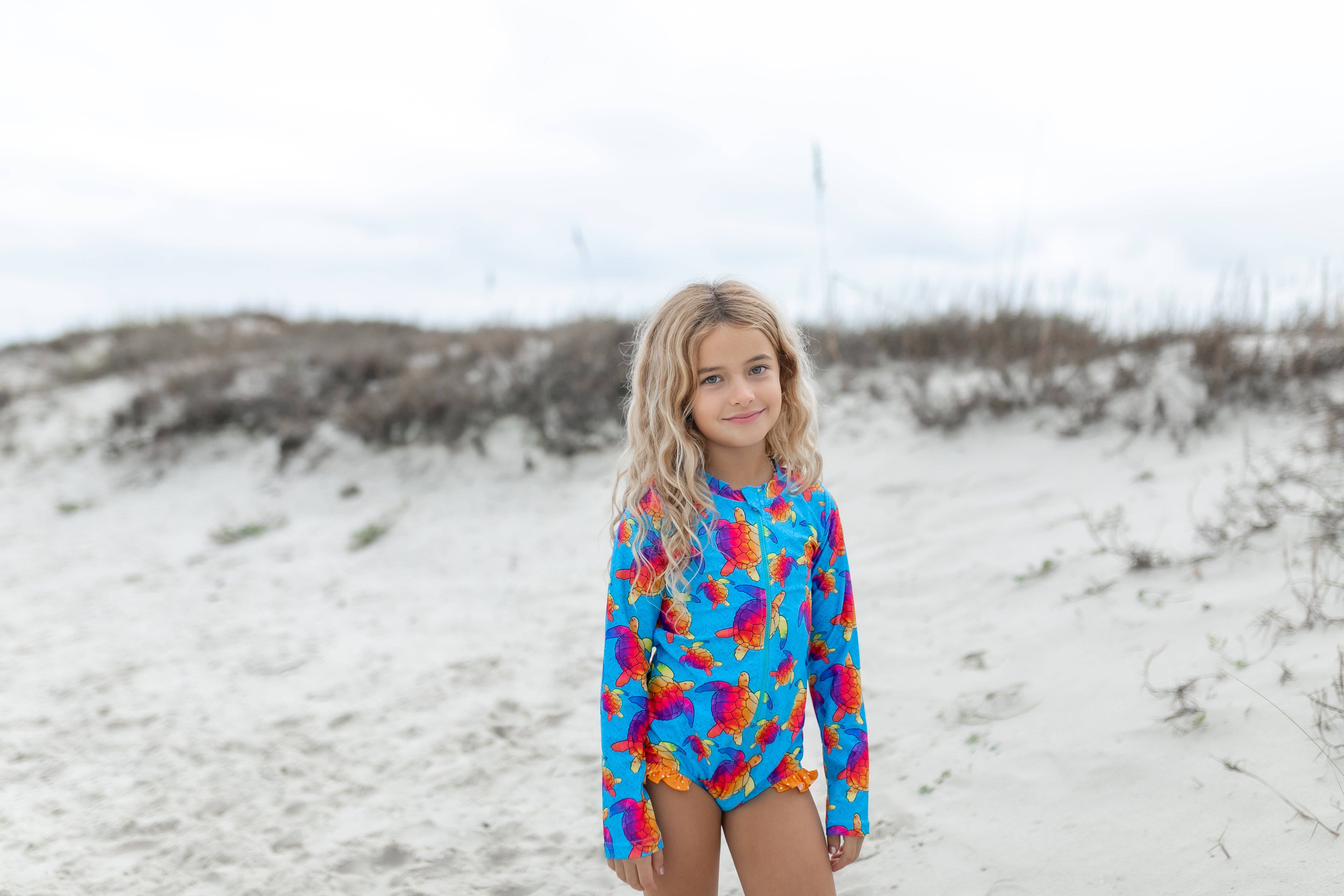 Oopsie Daisy - Wholesale One Piece Swimsuit - Kids - Kids Blue Rainbow Turtle Zip Rash Guard One Piece Swimsuit3