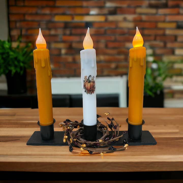 Small Town Dusk - Wholesale Flameless Candle - Pumpkin Flowers Fall LED Battery Operated Timer Taper Candle