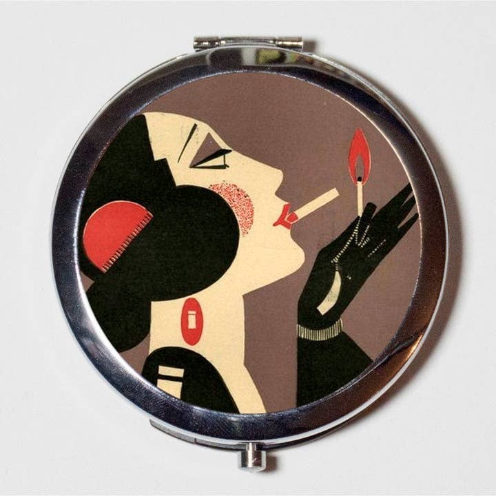 Flapper Lighting Cigarette Compact Mirror - Art Deco Illustration 1920's Jazz Age Roaring 20s - Make Up Pocket Mirror for Cosmetics for wholesale by FringePop