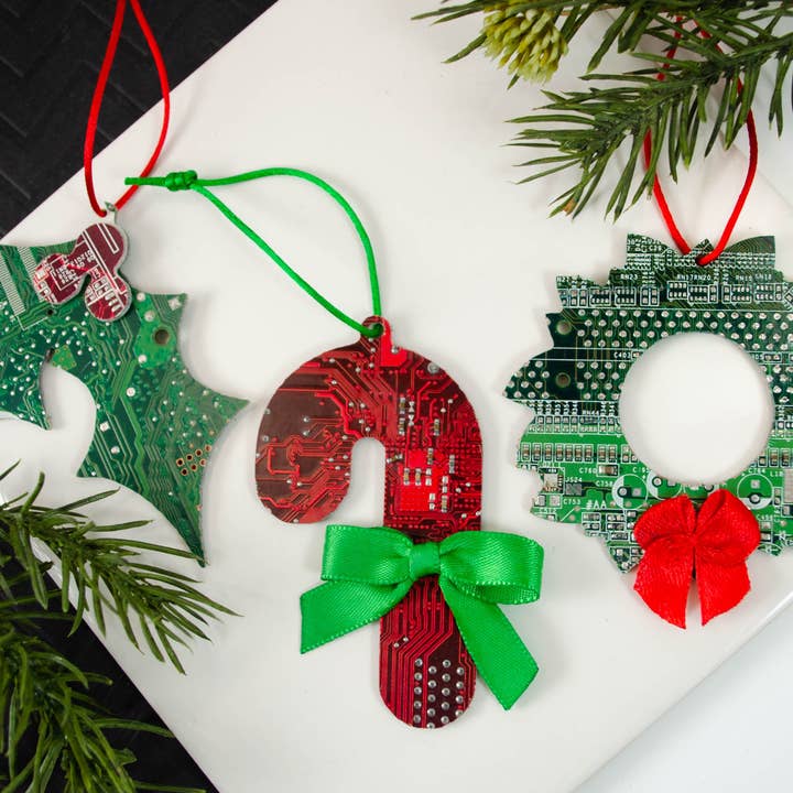 Circuit Board Ornaments - Candy Cane, Wreath, and Holly Mix for wholesale by Circuit Breaker Labs