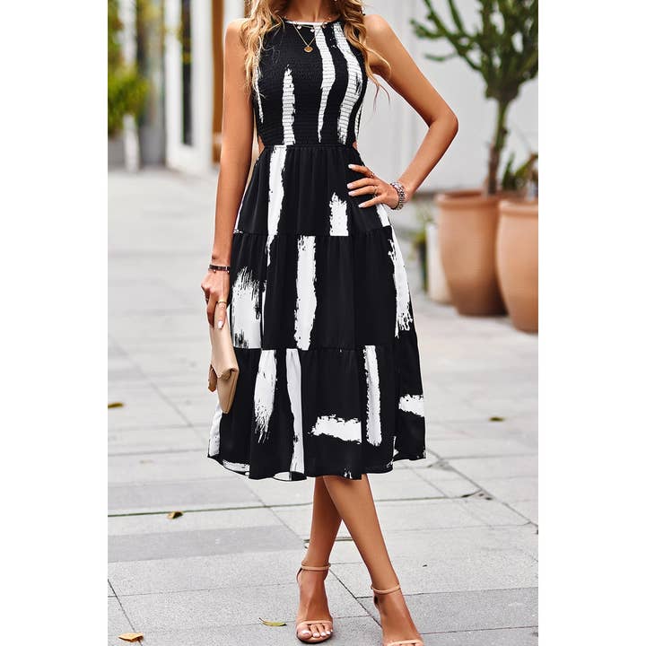 BLACK Floral Print Pocket Sleeveless Smocked Split Dress for wholesale on Faire5