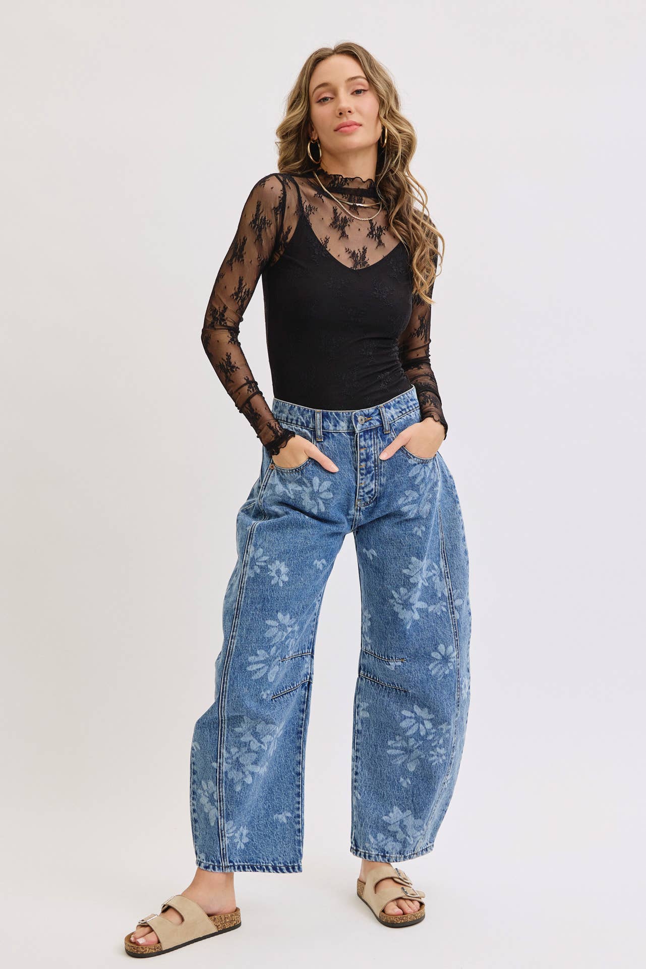 FLORAL PRINT DENIM BARREL JEANS for wholesale on Faire26