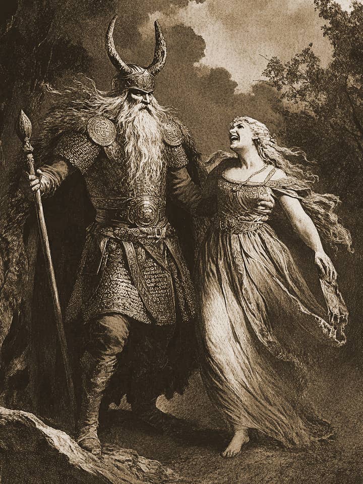 Rire avec Frigg - Impressions d'art mural d'Odin le dieu nordique – Œuvre 8″x10″ pour cadre 11″x14″ pour la vente par Mowbi