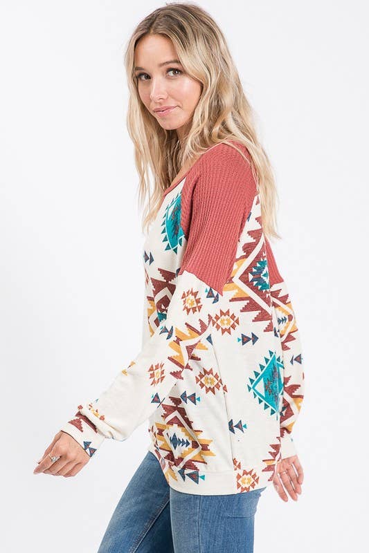 IVORY T8069-SOUTHWESTERN PRINT SWEATER for wholesale on Faire7