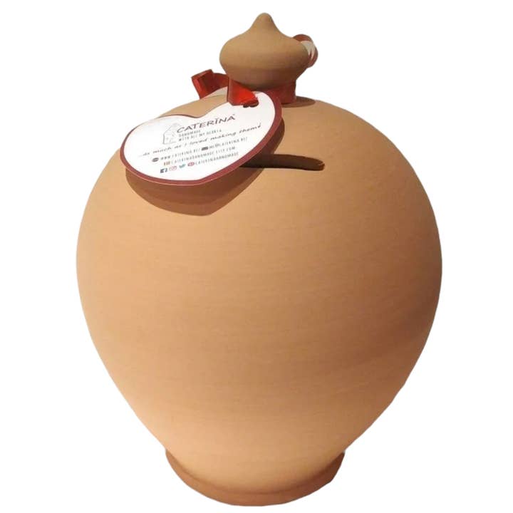 Terracotta-pengekasse, ler-møntboks til børn, ler-sparegris for engroshandel hos Caterina