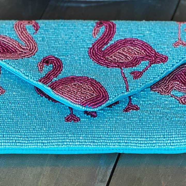 OBX Prep - Wholesale Clutch Bag - Women's - Flamingo Turquoise Seed Beaded Clutch Bag Handmade
