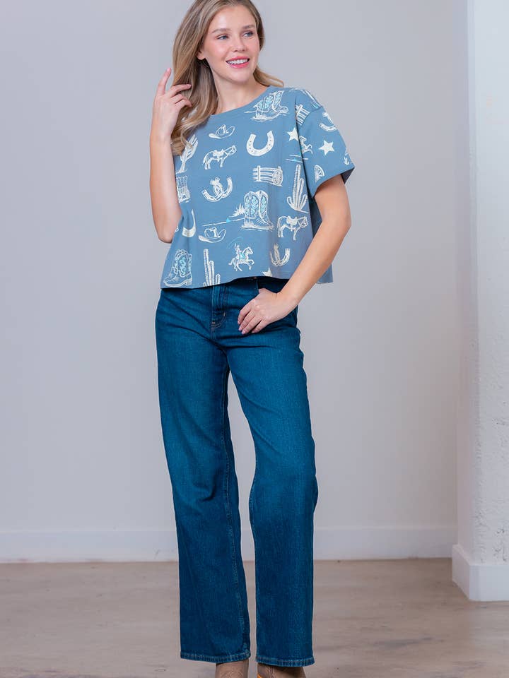 Taelynn - Vendita all'ingrosso Maglietta - Donna - HT28781T-MAGLIETTA A MANICHE CORTE CON STAMPA WESTERN E SCOLLO ROTONDO26