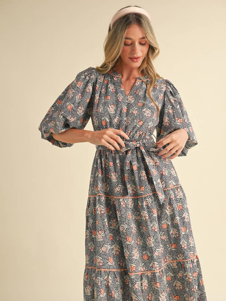 &MERCI - Wholesale Dress - Women's - BUBBLE SLEEVE LACE TRIM MIDI DRESS MDR343032