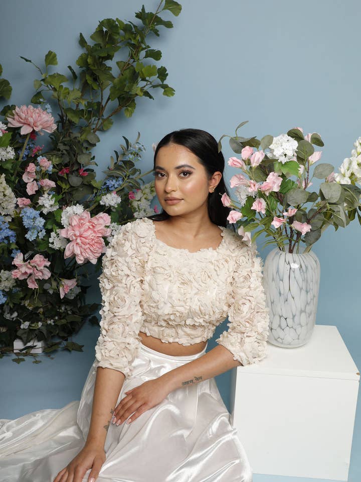 Petal Boat Neck Crop Top in Cream for wholesale by The Naked Laundry