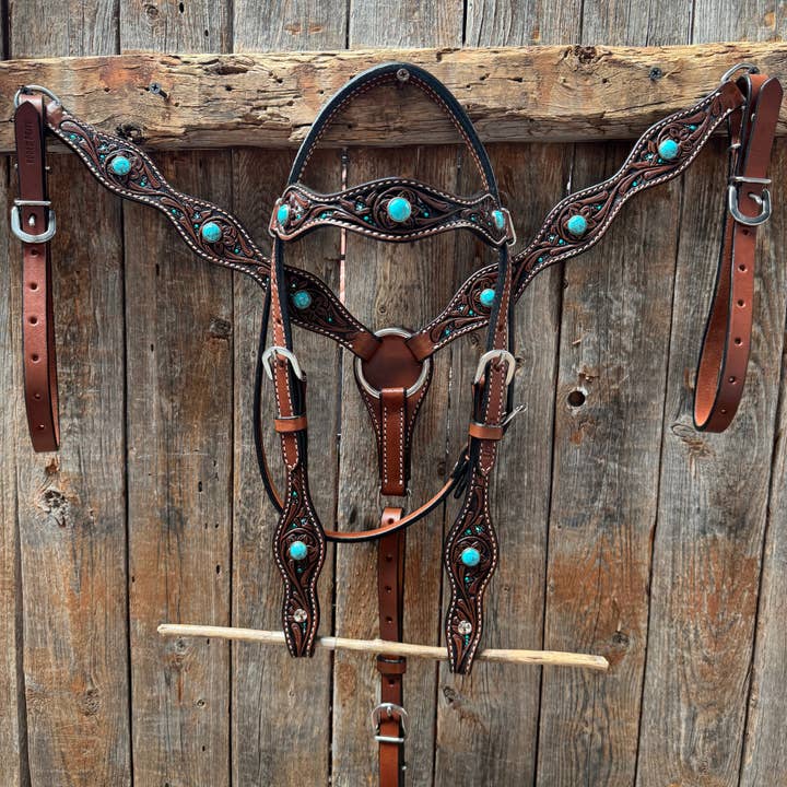 Pony Medium Teal Dot Floral and Turquoise Tack Set #BBBC667P for wholesale by Rodeo Drive