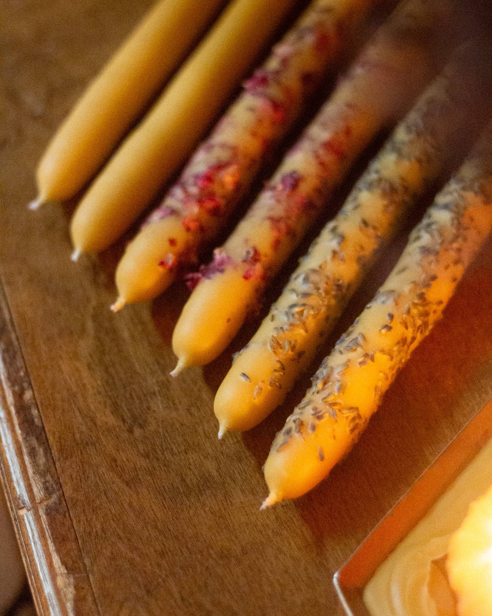 The Ramblin' Bee – wholesale Tapered candle/candlestick – Hand Dipped Beeswax Taper Candle with Lavender Buds1