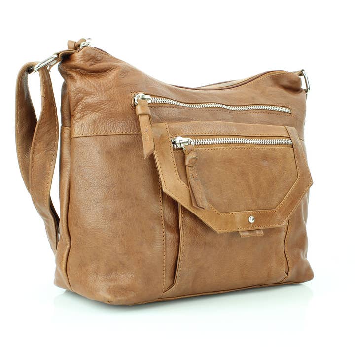 Leather Impressions Inc – Großhandel Schultertasche – Damen – Tucson Lederschultertasche mit Reißverschlüssen und Klappentasche RB 1639