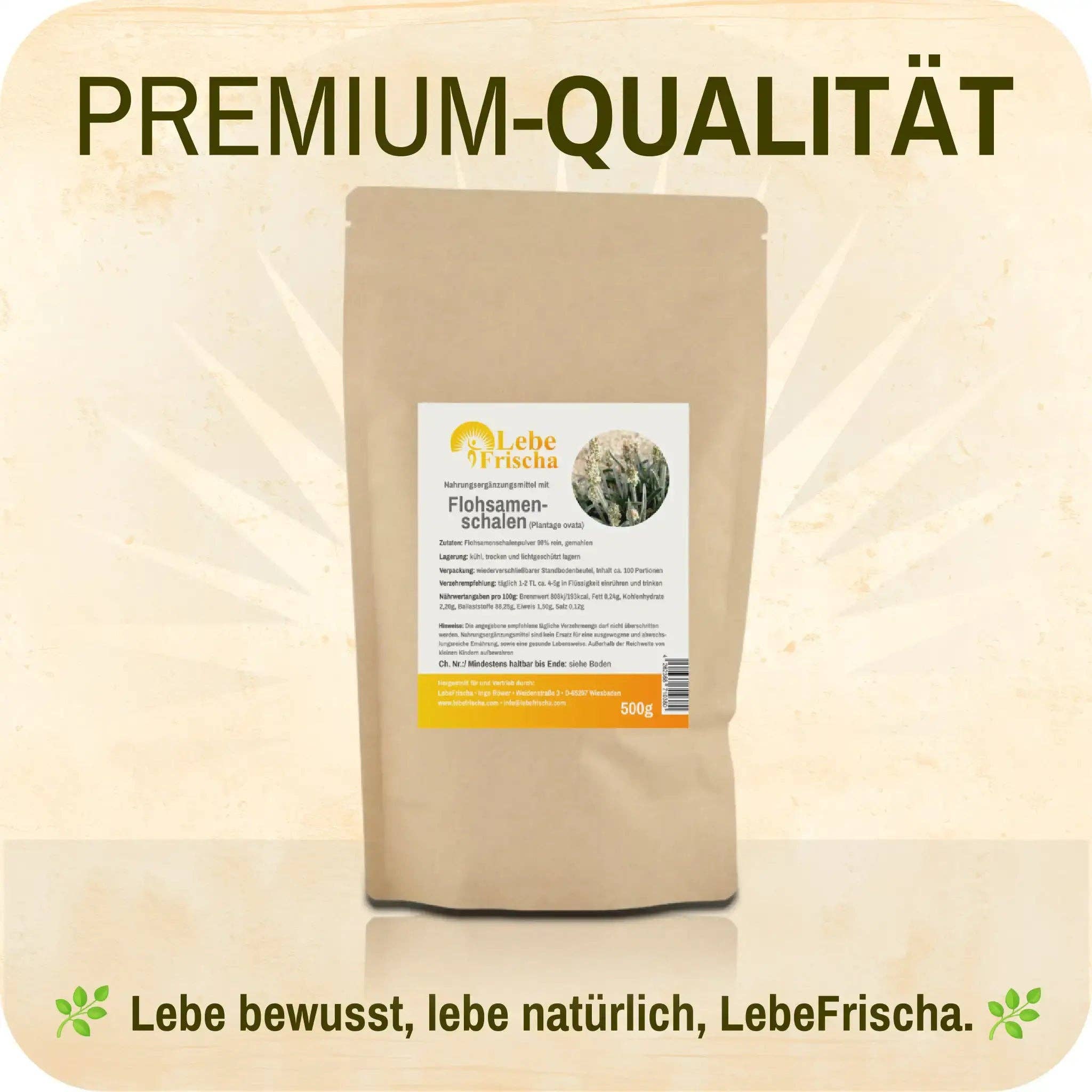 LebeFrischa – Großhandel Protein-/Superfood-Pulver – LebeFrischa Flohsamenschalen Pulver reine Ballaststoffe 99 % 500 g3