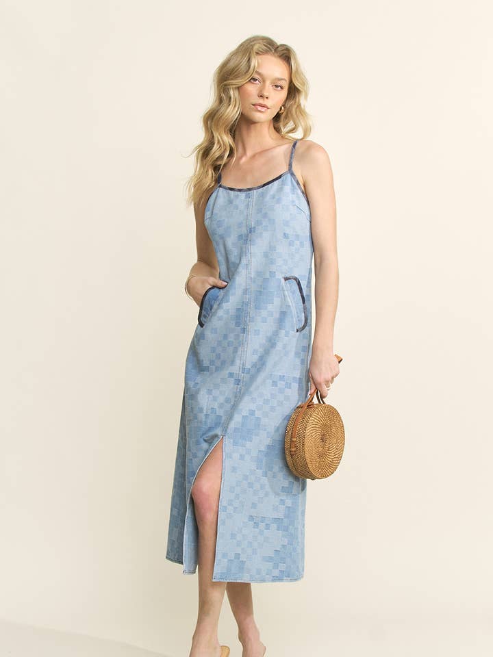 RUTIG KONTRAST PIPING DETALJ DENIM MIDI KLÄNNING - HQD0161A för wholesale av Hersy