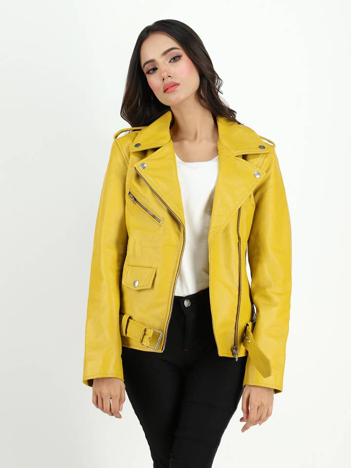 Giallo Giacca in pelle di vacchetta da donna Moto Style in vendita all'ingrosso su Faire3