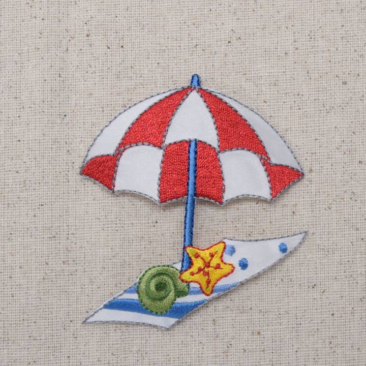 Wholesale Applique - Wholesale Patch - Beach Umbrella with Towel - Red White Striped - Starfish and Shells - Iron on Applique - Embroidered Patch - 155005A