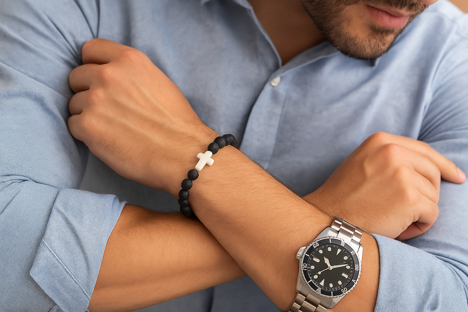 Gemscape UK - Wholesale Beaded Bracelet - Lava Rock & Black Onyx Beaded Bracelet with Cross – Healing 7