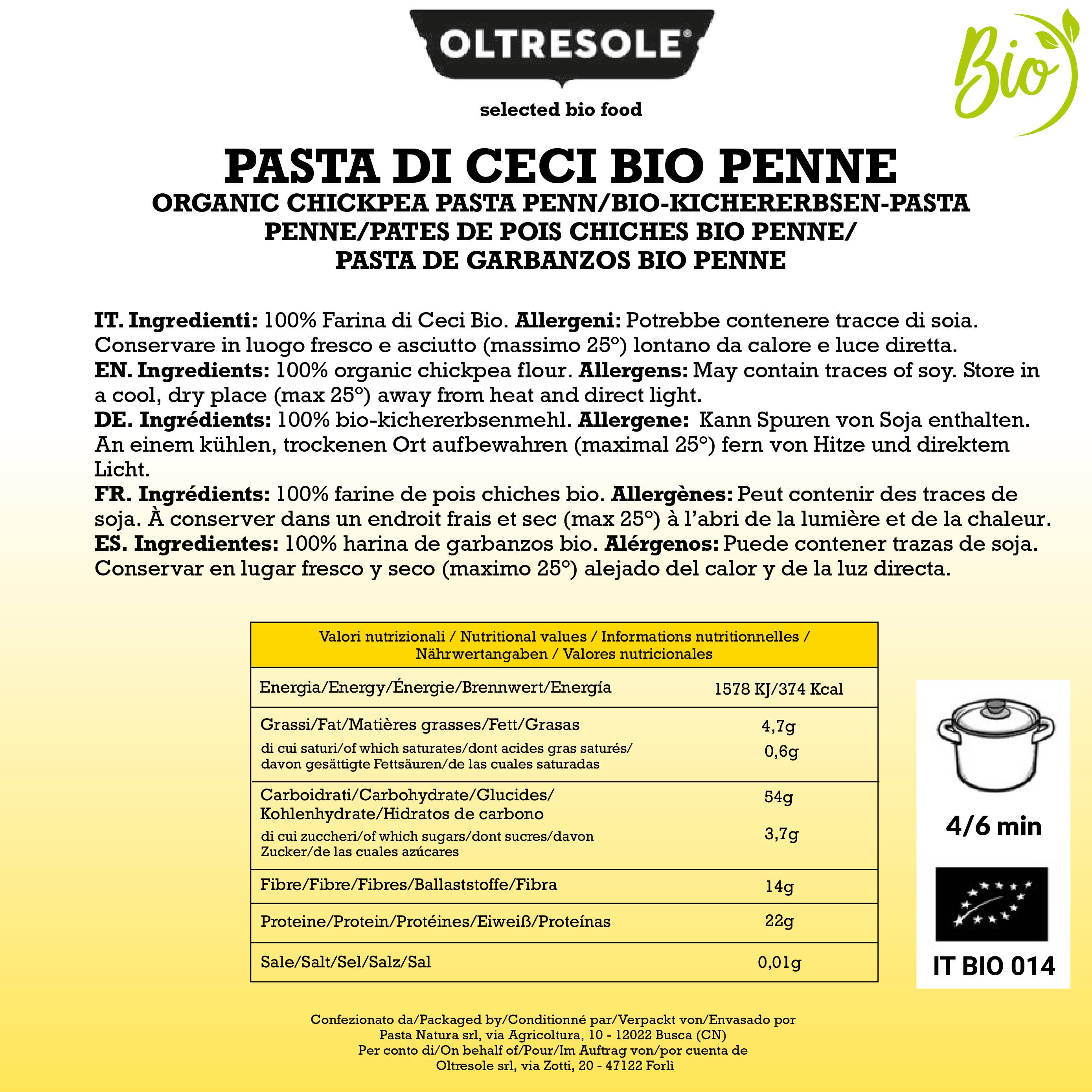 Oltresole - Venta al por mayor Pasta - PASTA DE GARBANZOS BIO PENNE 4 Kg2