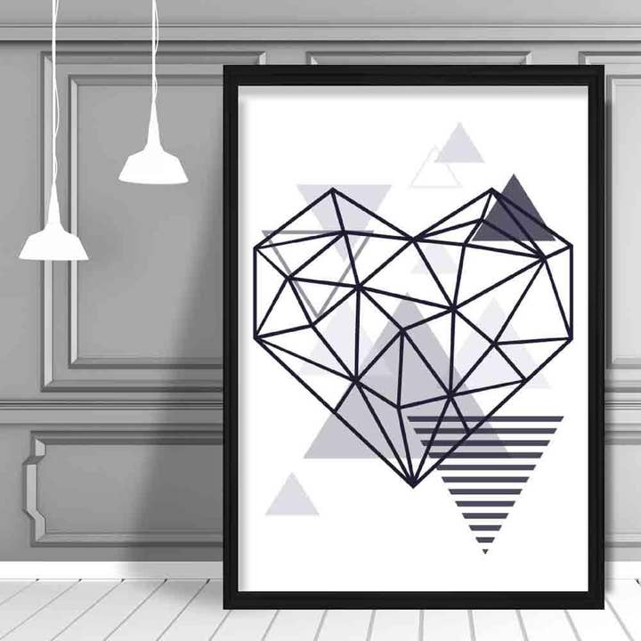 Poster blu navy scandinavo geometrico astratto cuore per la vendita all'ingrosso da parte di Artze Wall Art