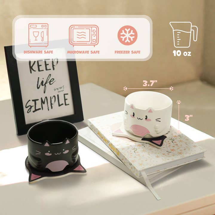 Yobro - Wholesale Coffee Mug - Stackble cat ear mug with Drink Coasters Set of 2 10oz