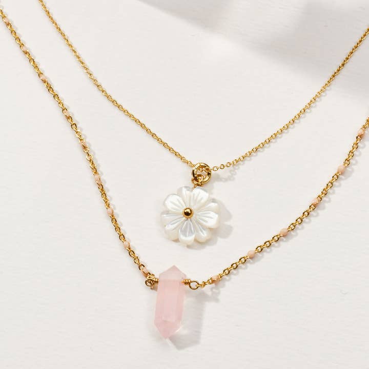 Luna Norte - Wholesale Jewelry Set - Blooming Crystal Layered Necklace Set- Rose Quartz