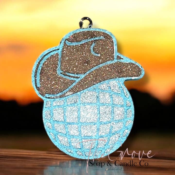 Disco Cowboy Car Freshie-western cowboy hat car decor-glittered disco ball mirror aroma for wholesale by The Grove Soap & Candle Co