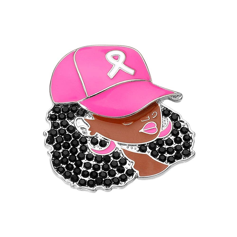 Sensibling Corp. – alfinete de lapela por atacado – Broche de Mulher Afro Fresca com Pedrarias em Forma de Capuz com Fita Rosa de Conscientização2