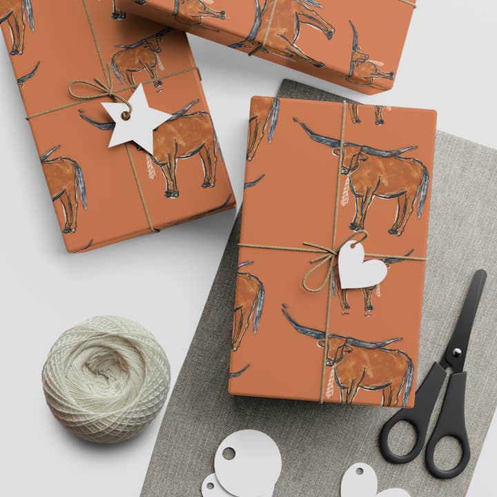 5' Roll - Longhorn wearing a necktie Wrapping Paper for wholesale by Hey Y'all Party