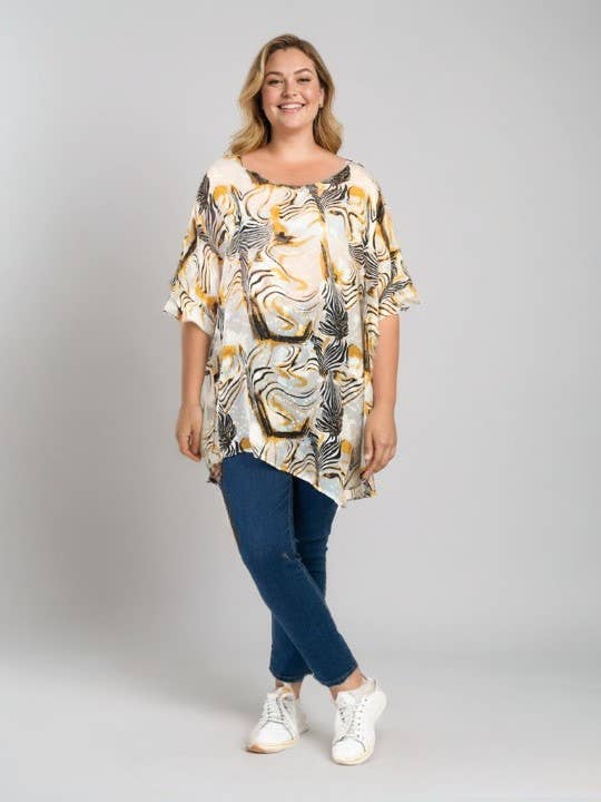 Pomme Rouge Paris – Großhandel Tunika – Damen – Große Größen halbtransparente Bluse mit Print (C6596&BLACK)0