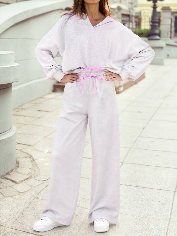 Gris clair Ensemble à col à volants, épaules tombantes et pantalon à cordon de serrage en vente sur Faire