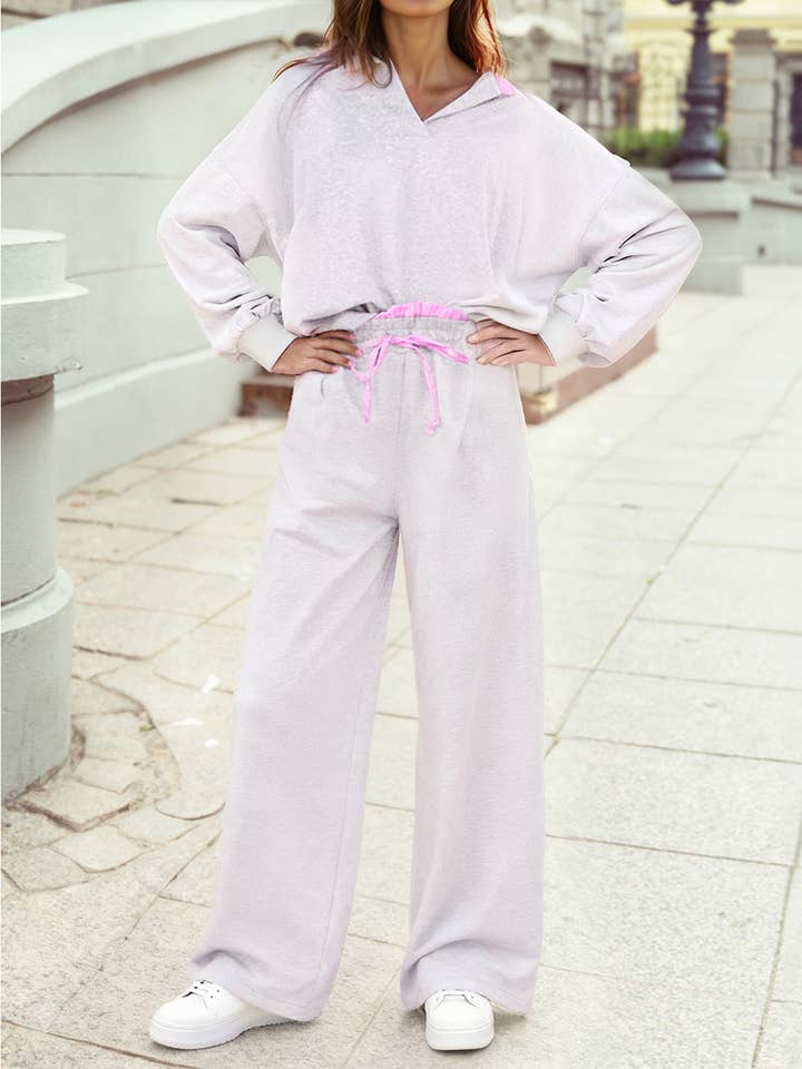 Frilled Collar Drop Shoulder Pullover Drawstring Pant Set for wholesale by 1 the Woman