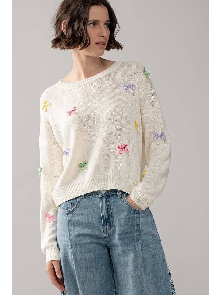 IVORY Multicolor Gingham Bow Crew Neck Knit Sweater for wholesale on Faire