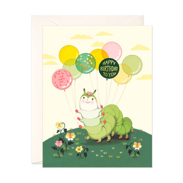 Caterpillar Balloons Birthday Greeting Card for wholesale by JooJoo Paper