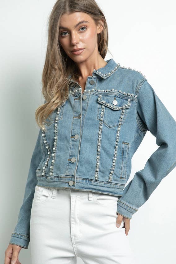 Denim Veste en denim stretch à boutons ornée de perles et strass IJ2129 en vente sur Faire1