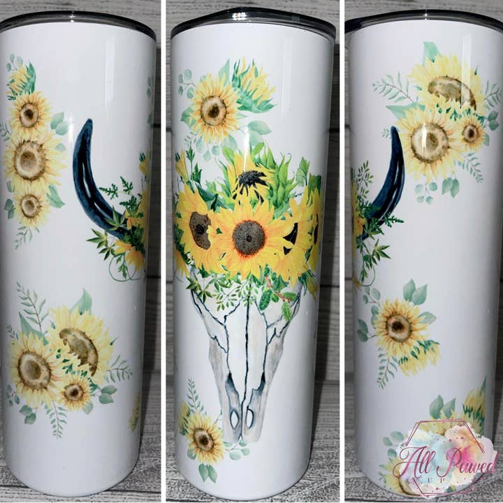 Sunflower Cow Skull Tumbler for wholesale by Desert Moons