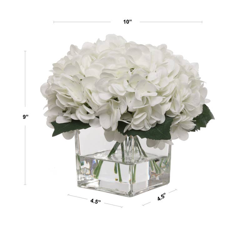 Larksilk - Wholesale Artificial Flowers - 10" White Hydrangea Flowers In Glass Vase With Water Look